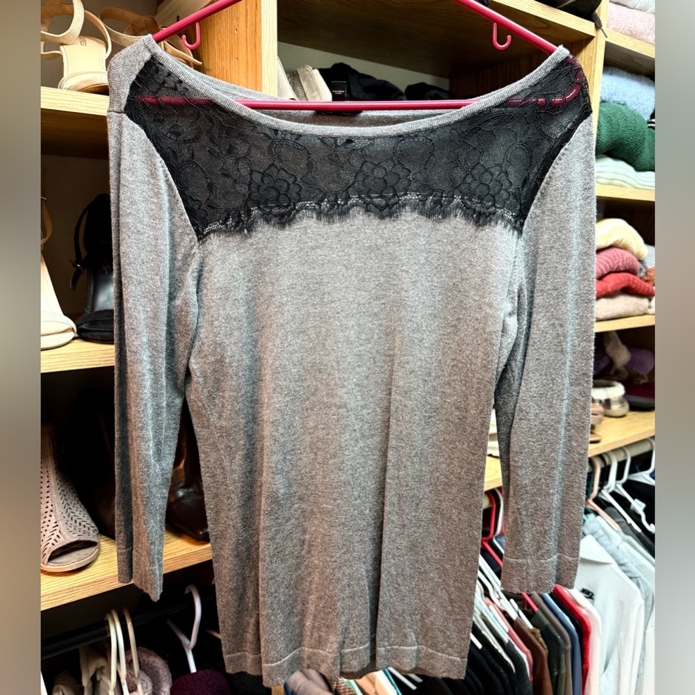 Express Gray Top with Black Lace Detail